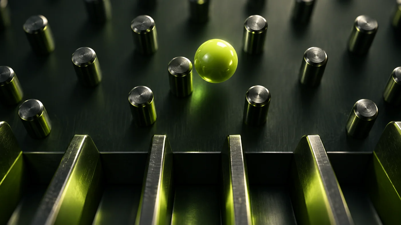 Close-up illustration of a lime Plinko ball and rows of metal pegs