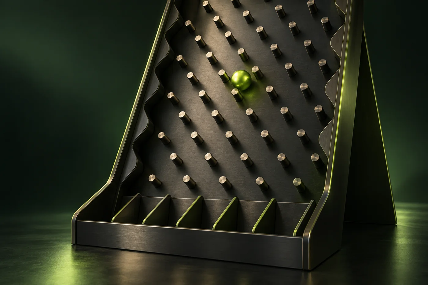 Lime ball above a dark metallic Plinko peg board