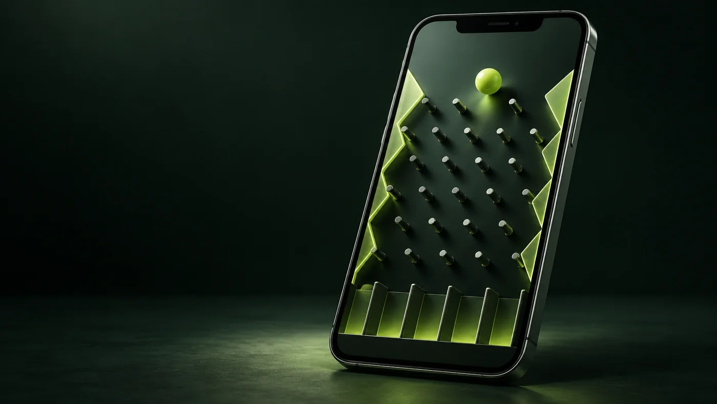 Smartphone showing an illustrative Plinko board in a dark green theme